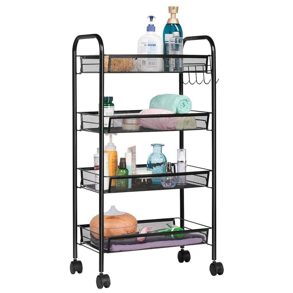 4-Tier Wire Rolling Cart， Space-Saving Removable Storage Cart， Mesh Metal Organization Cart on Wheels， Kitchen Storage Organizer， Standing Shelf Rack Units for Kitchen， Home， Office， Bedroom， K1276