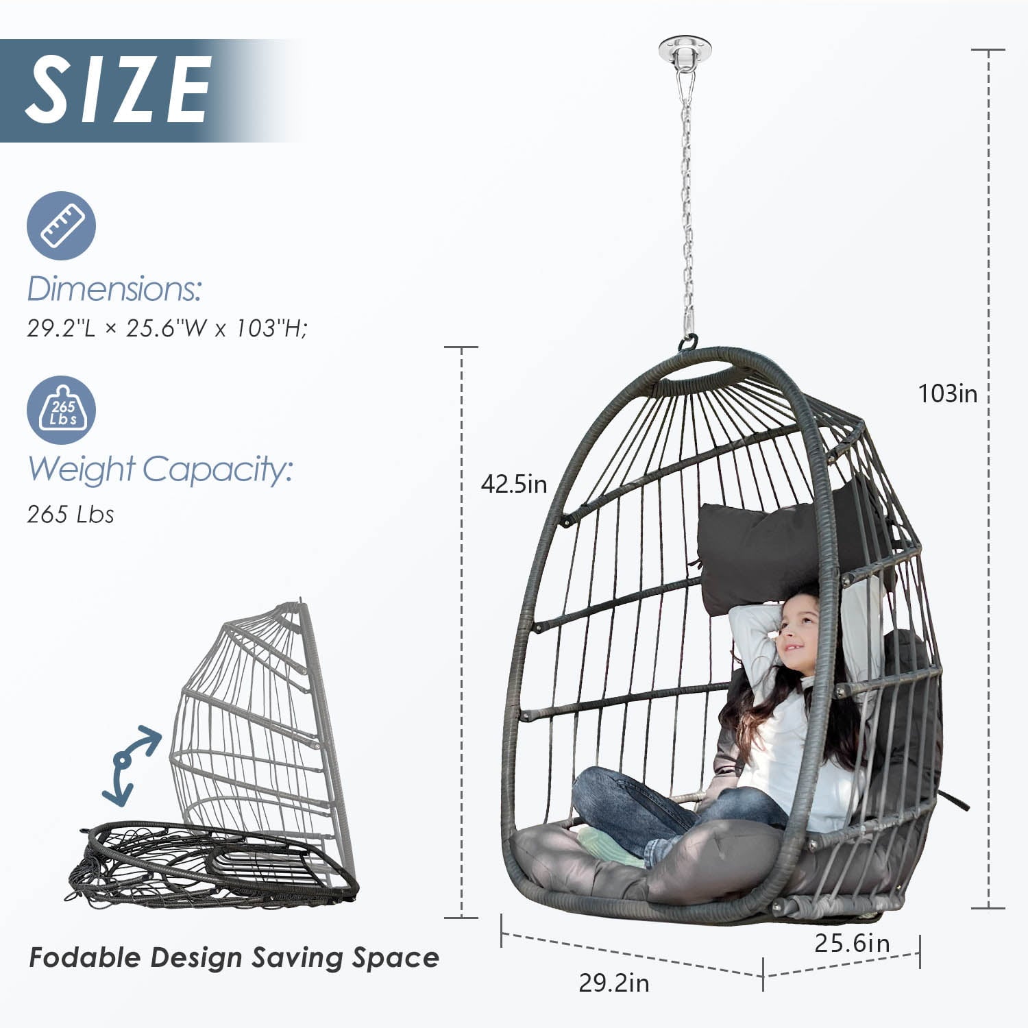 NICESOUL Outdoor Foldable Wicker Swing Egg Chair Without Stand Dark Gray Hanging 265lbs Max. Weight