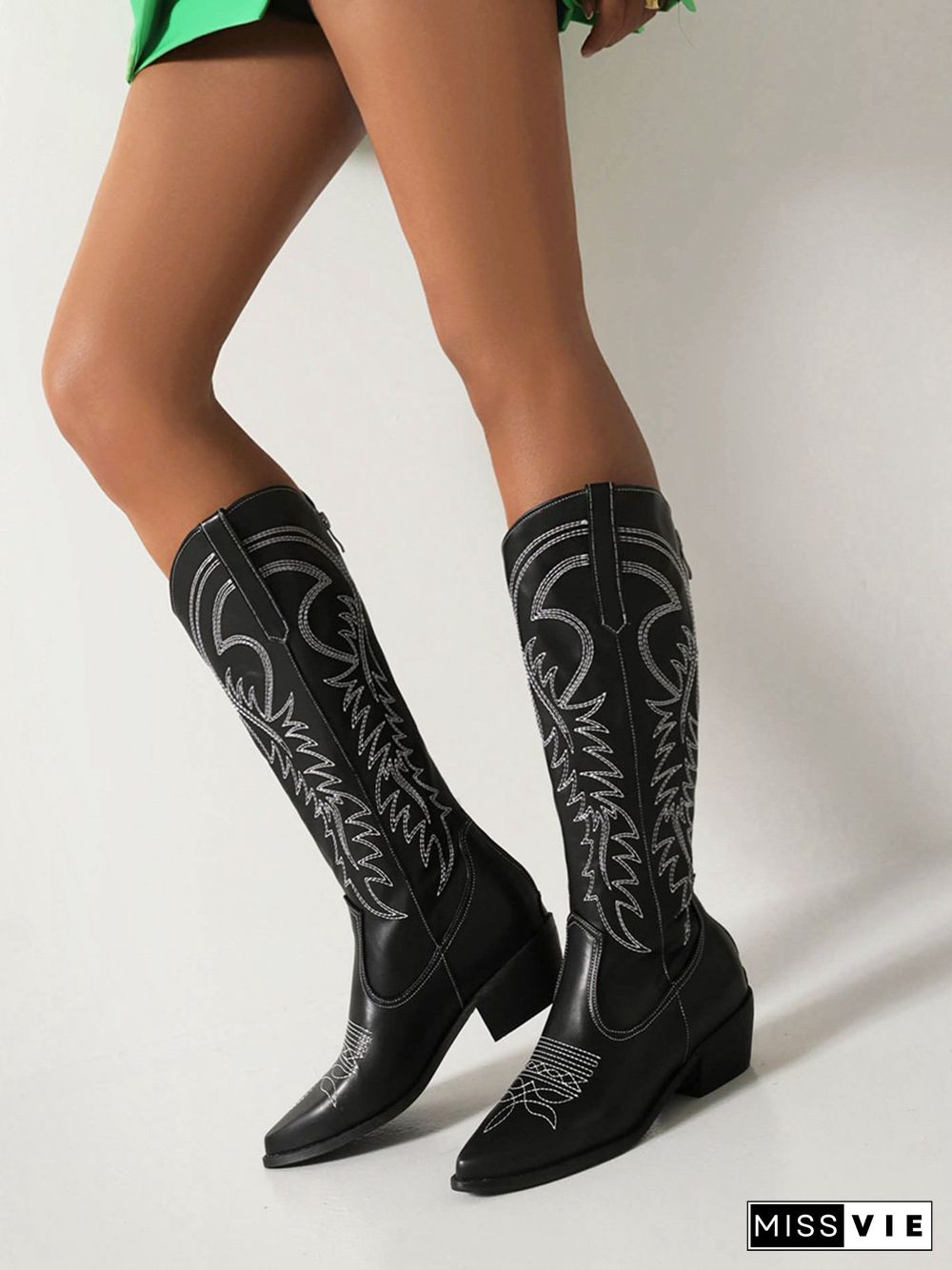 Embroidered Panel Plush Warm Pointed-Toe Cowboy Boots