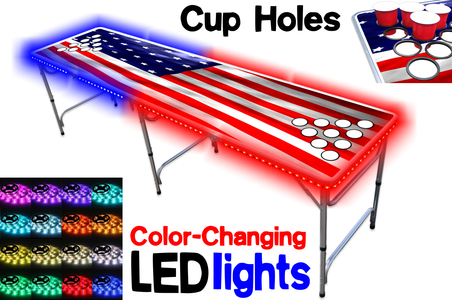 8-Foot Professional Beer Pong Table With Cup Holes & LED Glow Lights - America Edition