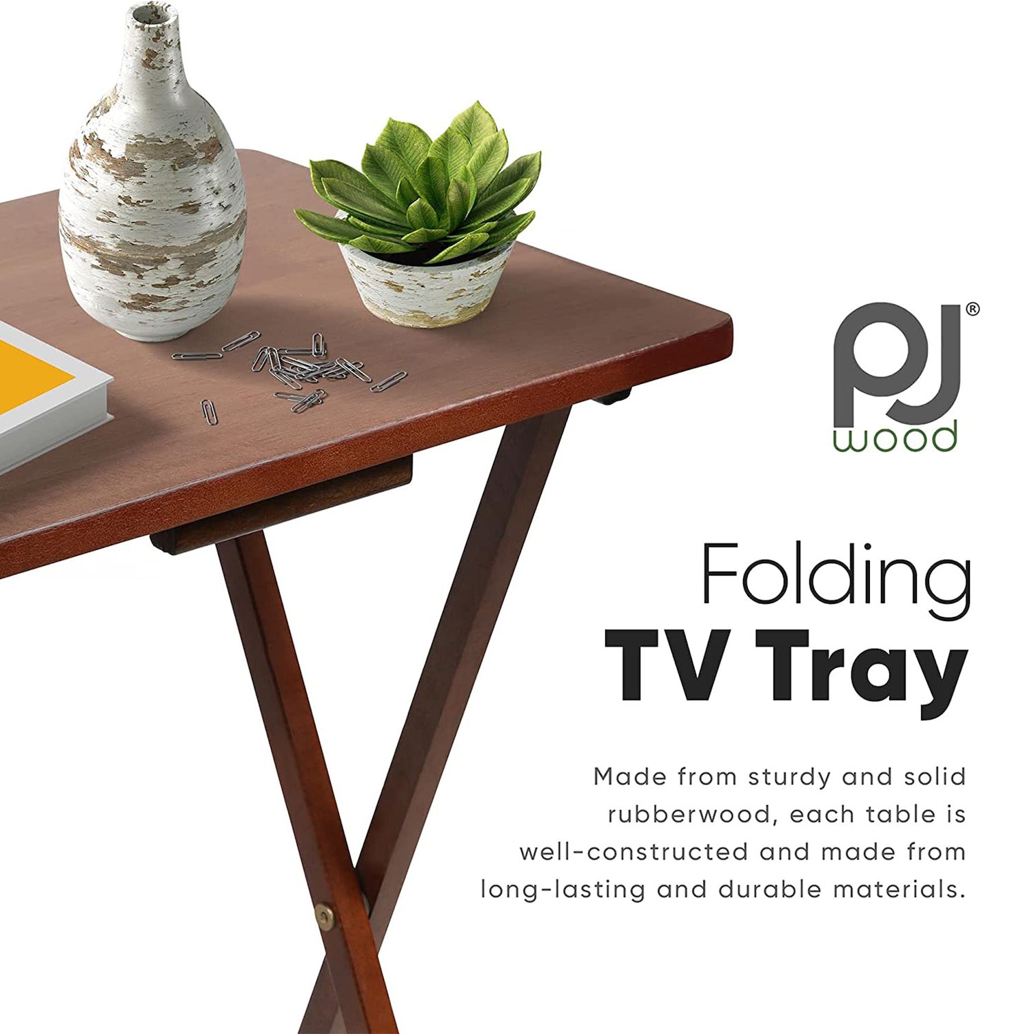 PJ Wood Folding TV Tray Tables w/ Compact Storage Rack， Dark Mango， 5 Piece Set