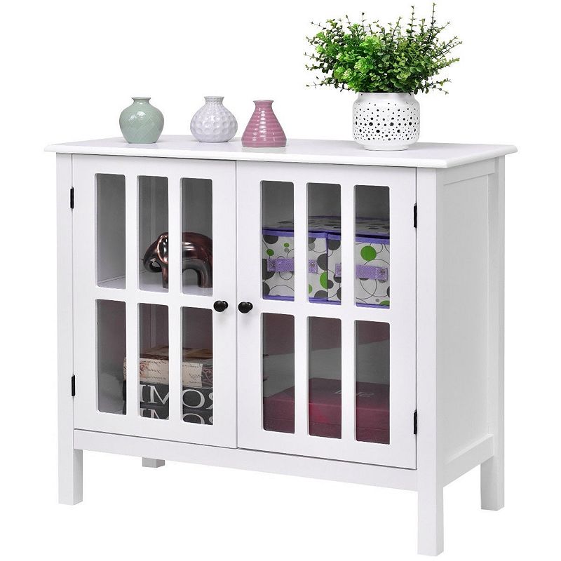 White Wood Sideboard Buffet Cabinet With Glass Panel Doors