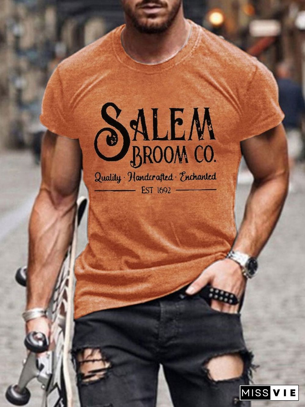 Men's Salem Broom Co Quality Handcrafted Enchanted Est 1692 Print T-Shirt