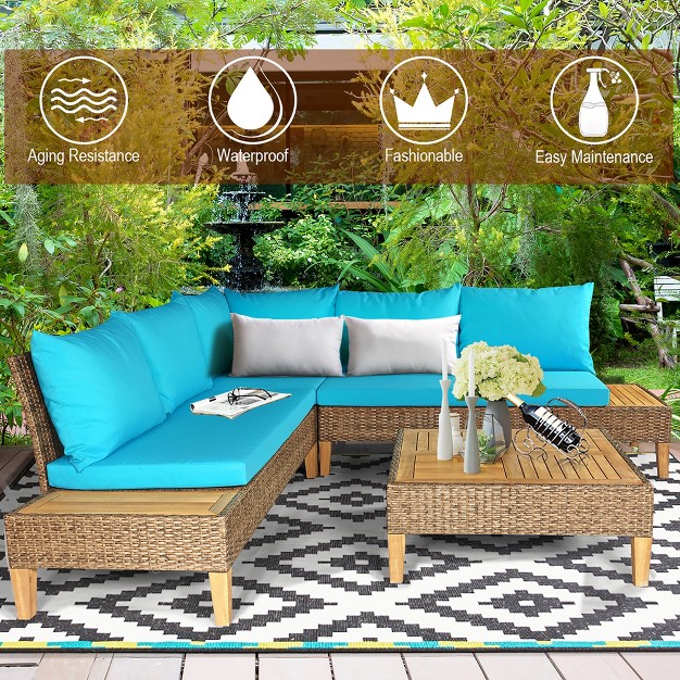 Costway 4pcs Patio Rattan Furniture Set Loveseat W wooden Side Table Cushioned Turquoise