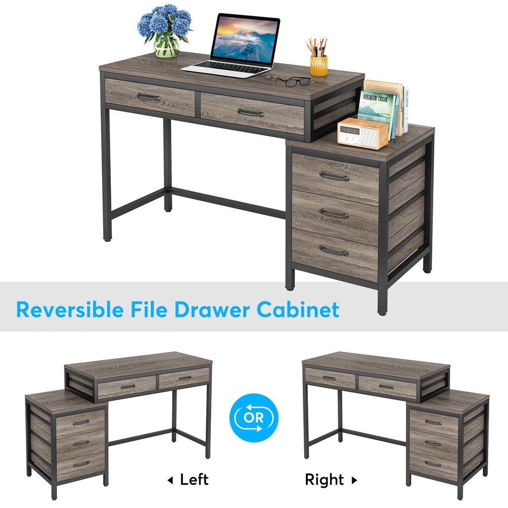 Reversible Computer Desk with 5 Drawers  Home Office Desk with File Cabinet Drawer Printer Stand