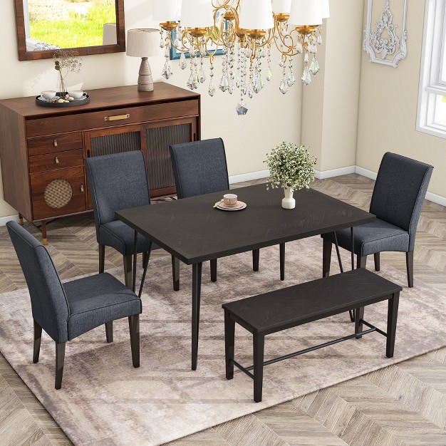 Modern 6 piece V shaped Metal Leg Dining Table Set With 4 Upholstered Chairs And 1 Bench Modernluxe