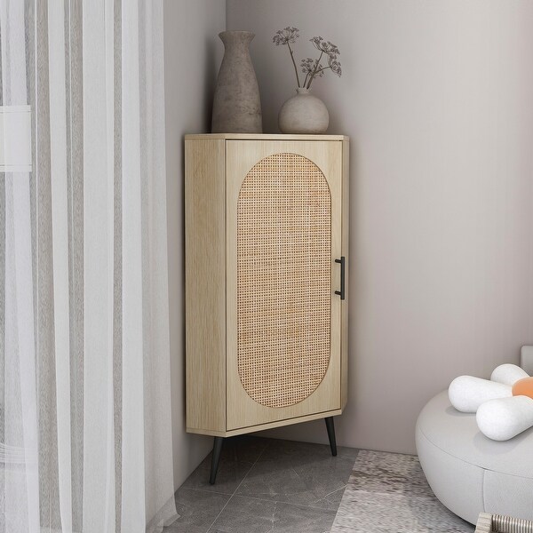 Corner cabinet ，Rattan door，Freestanding Corner Tables For Small Spaces， Corner Shelf Stand For Living Room