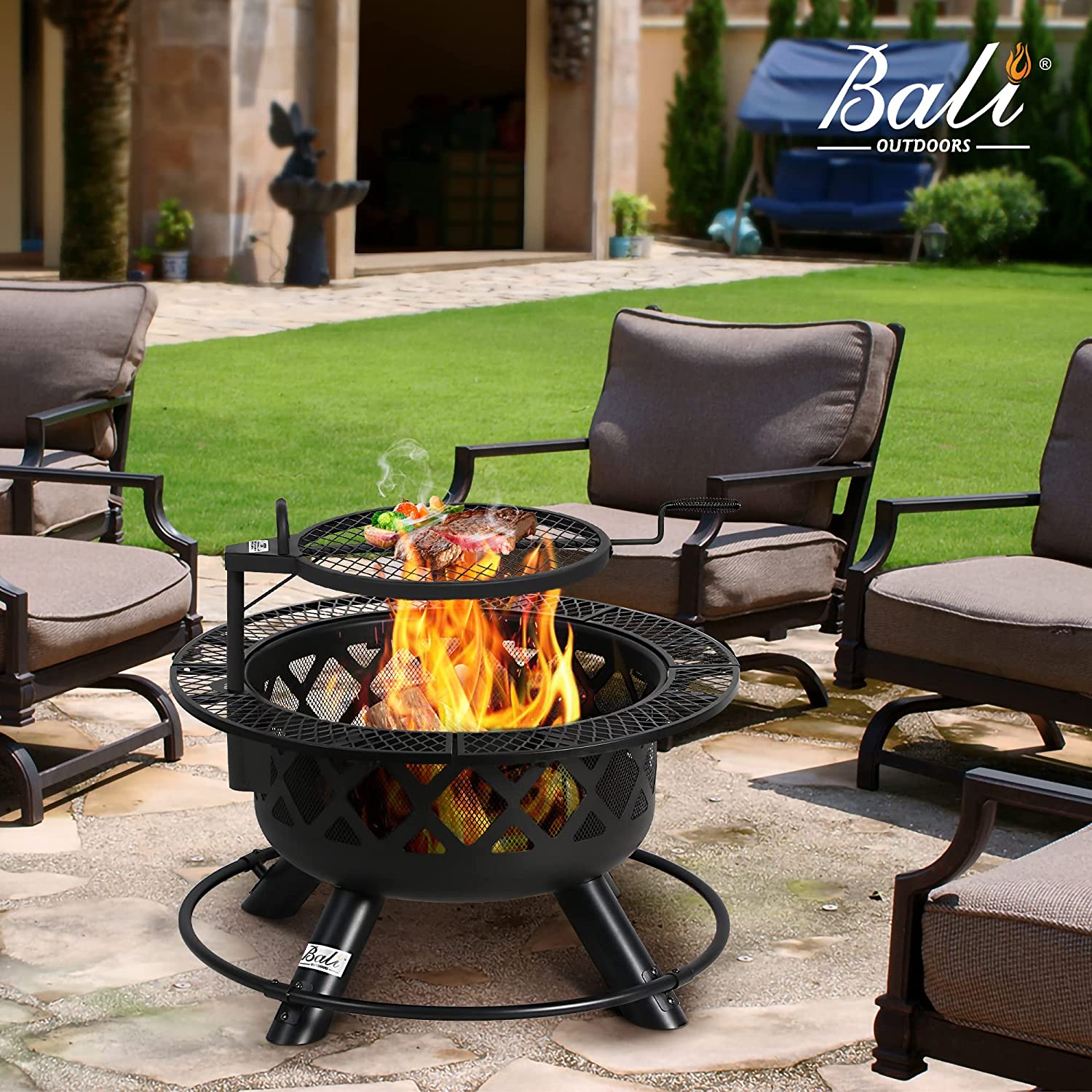 BALI OUTDOORS Wood Burning Fire Pit with Quick Removable Cooking Grill， Black