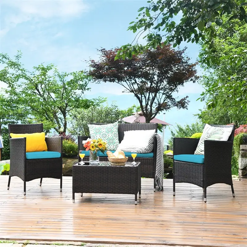 4 Pcs Outdoor Rattan Patio Conversation Set Wicker Furniture Set with Coffee Table and Cushioned Sofas