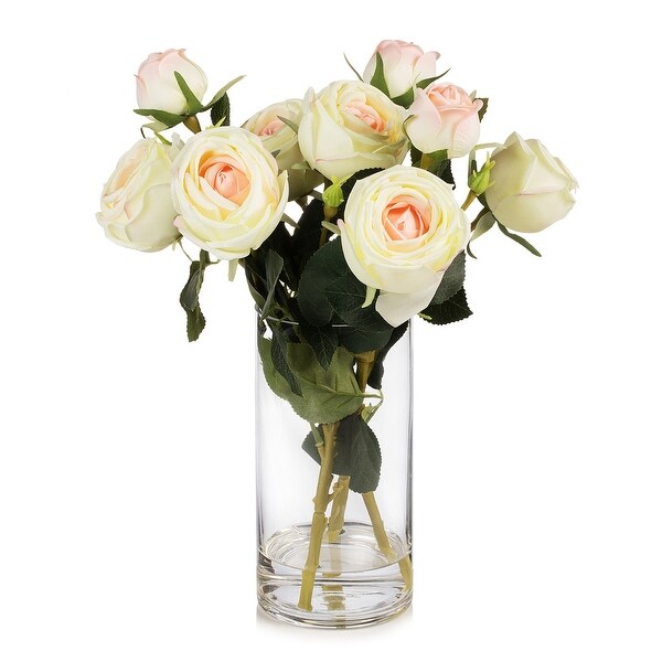 Enova Home Artificial Silk Rose Flowers in Clear Glass Vase with Faux Water for Home Office Wedding Decoration