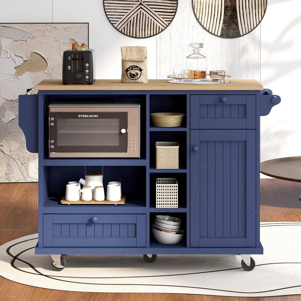 tunuo Dark Blue Rolling Kitchen Island Cart with Rubber Wood Top and Microwave Cabinet (51 in. W) SFWF-296670DB