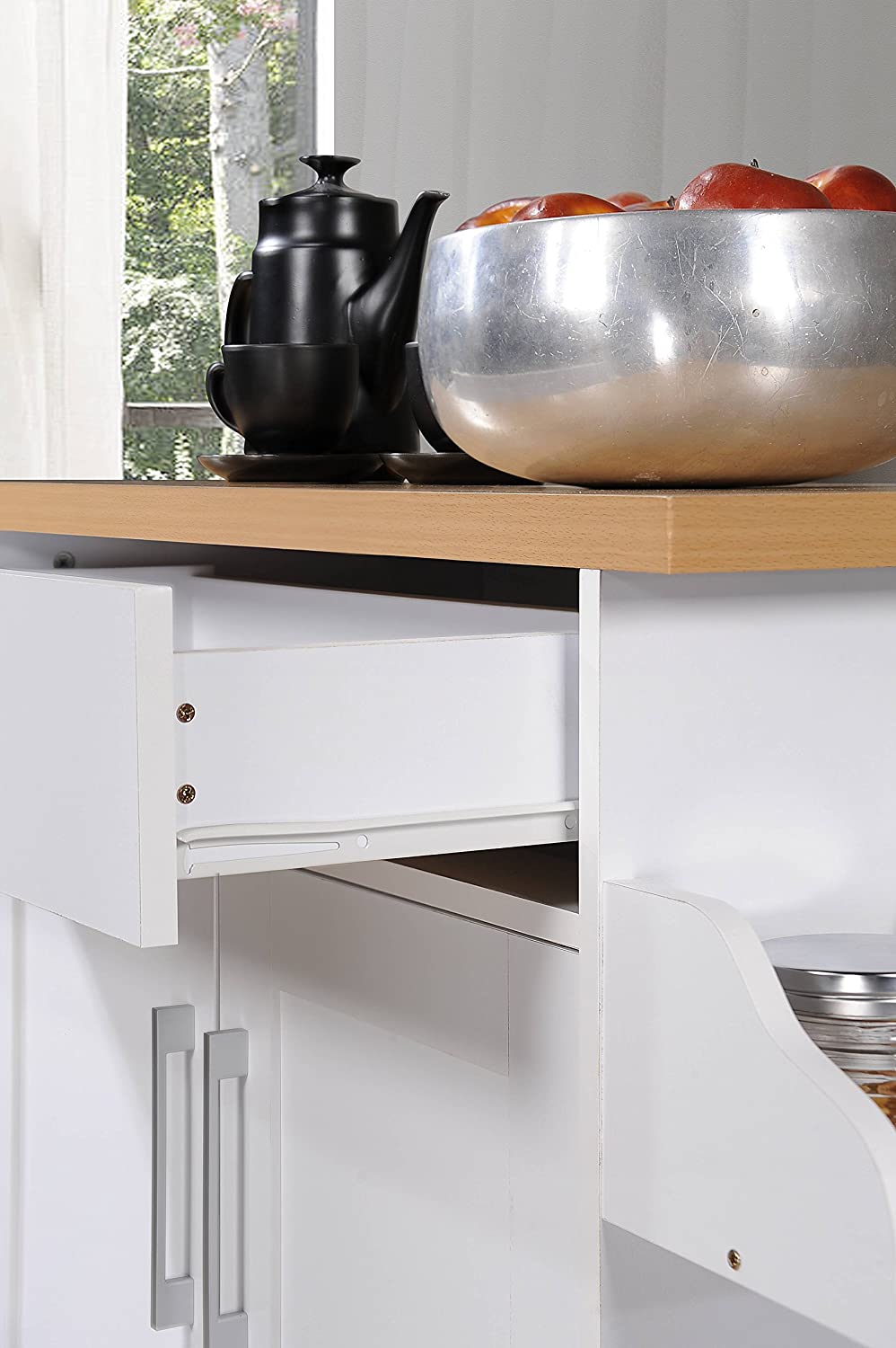 Hodedah Kitchen Island with Spice Rack， Towel Rack and Drawer， White with Beech Top， 15.5 x 35.5-44.9 x 35.2 inches