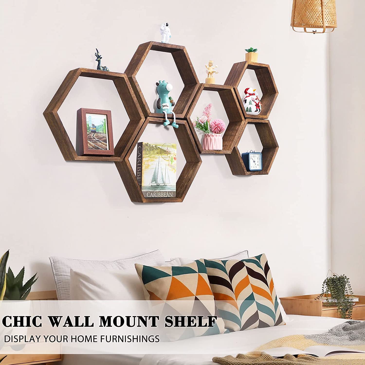 Hexagon Floating Shelves Set of 6 Honeycomb Shelves for Wall, Brown