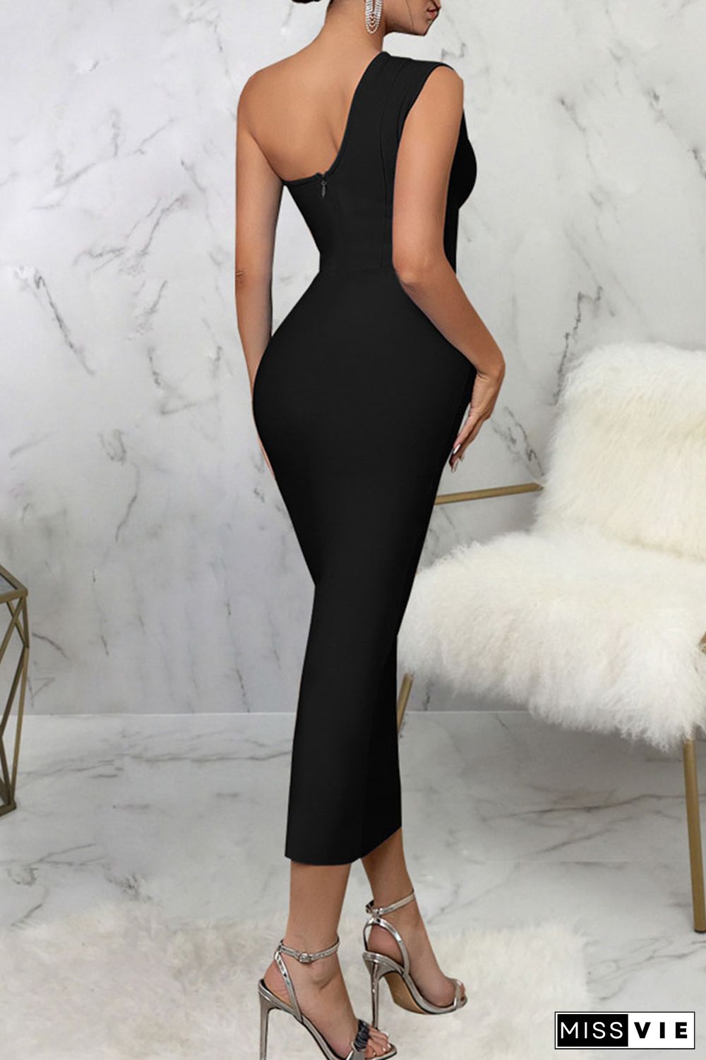 Black Sexy Solid Patchwork Oblique Collar Pencil Skirt Dresses