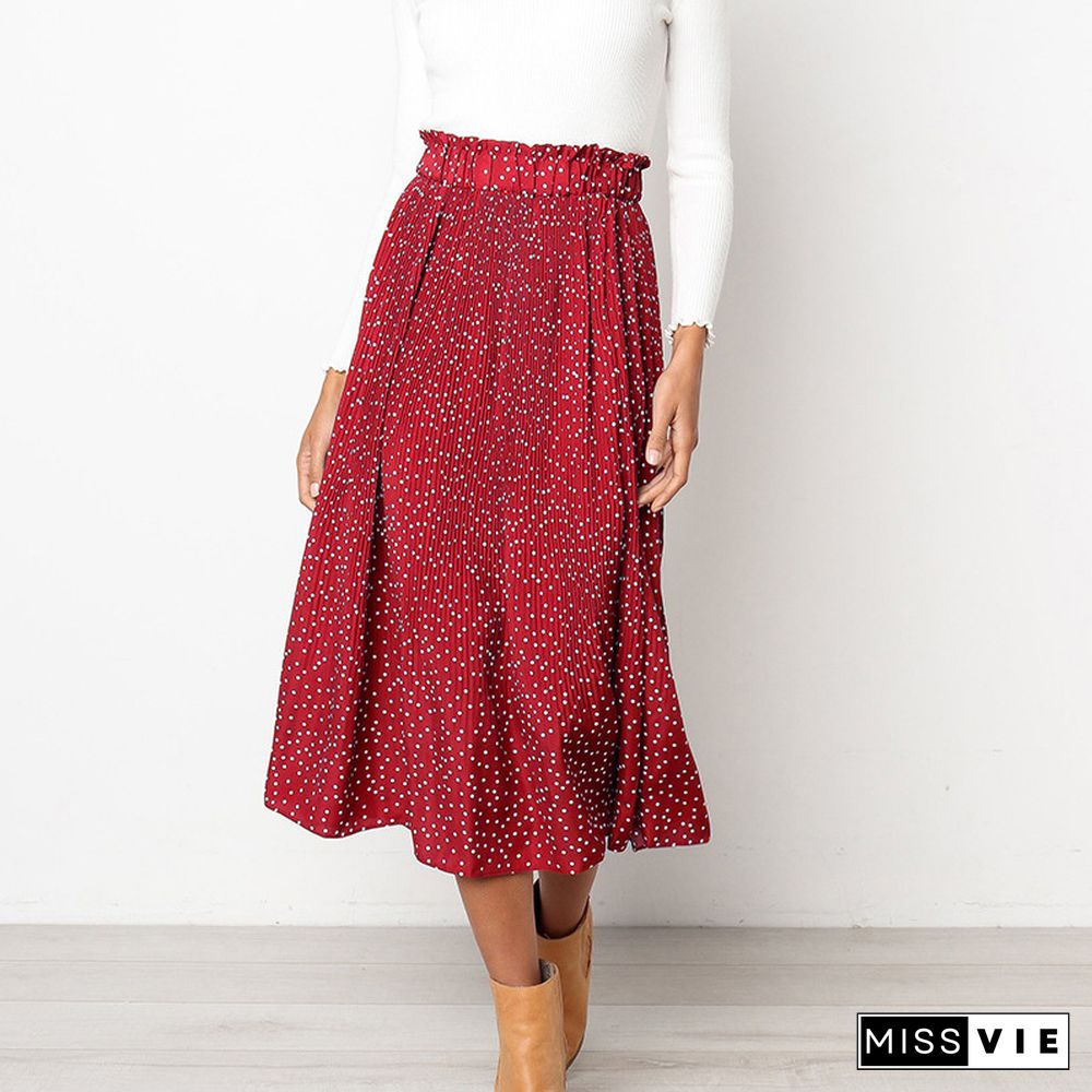 White Dots Floral Print Pleated Midi Skirt Women Elastic High Waist Side Pockets Skirts Summer Elegant Female Bottom