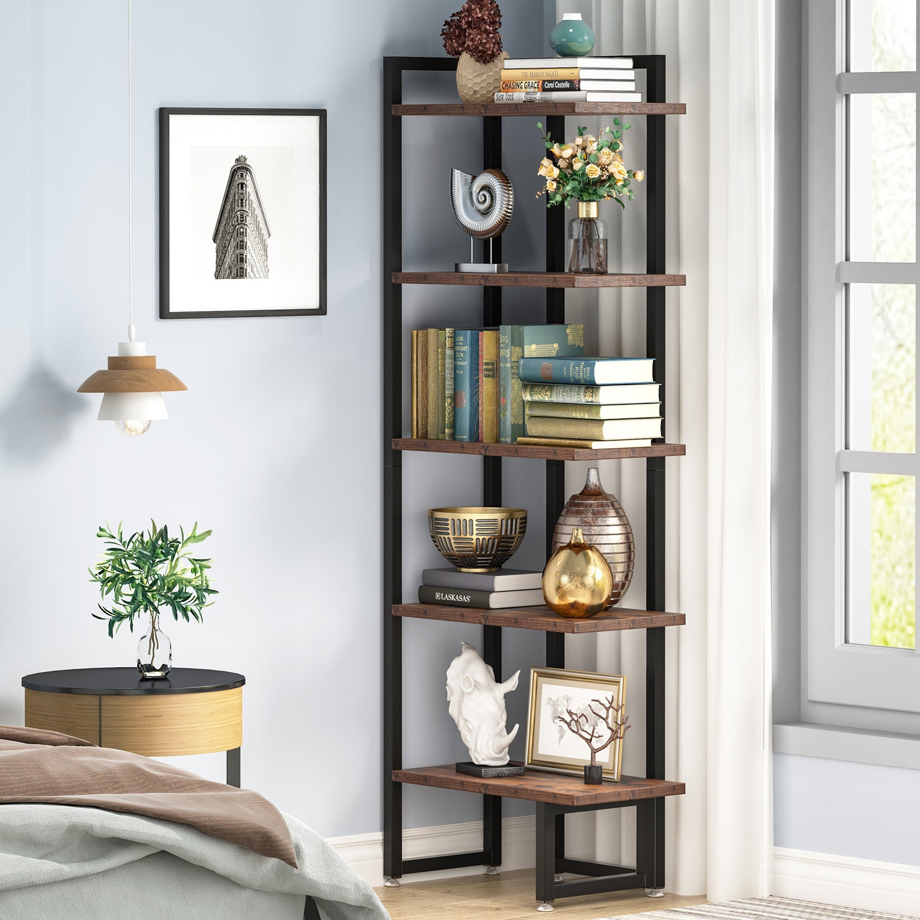 Industrial Corner Shelf, 5-Tier Corner Bookshelf  Storage Rack