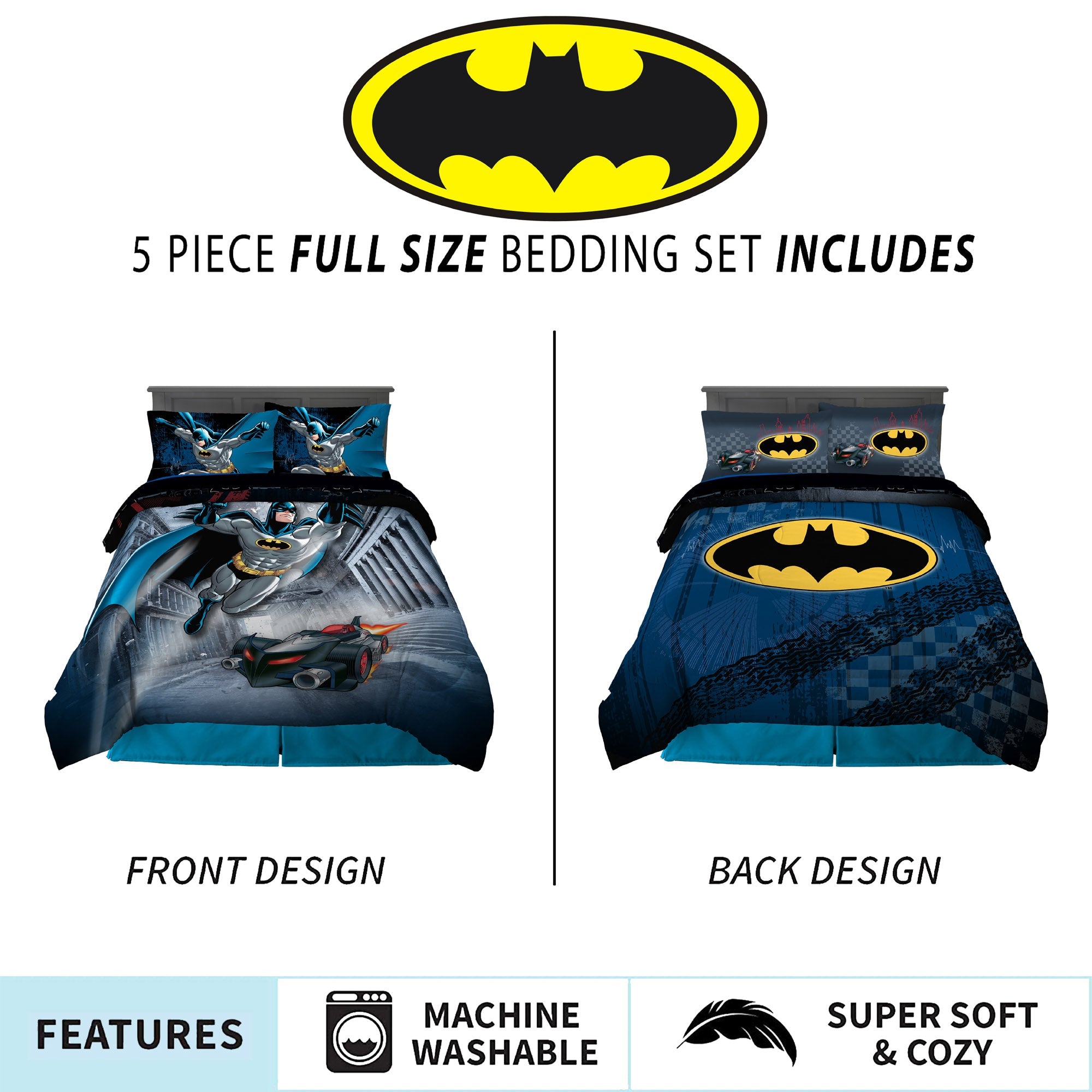 Batman Kids Full Bed in a Bag, Comforter and Sheets, Gray, Warner Bros