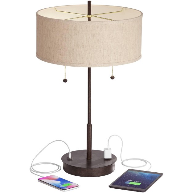 High Set Of 2 With Hotel Style Usb And Ac Power Outlet In Base Bronze Fabric Drum Shade For Living Room