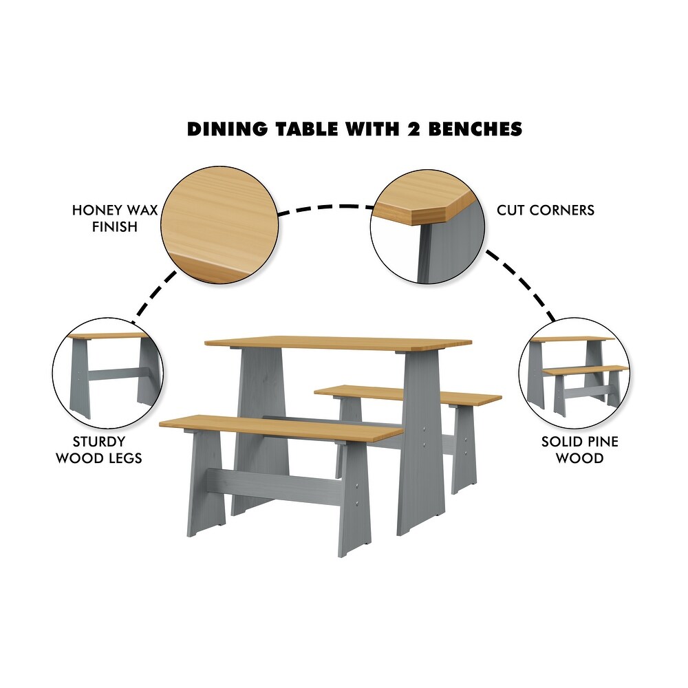 Chapman Farmhouse 3 Piece Solid Pine Wood Dining Set with 2 Benches