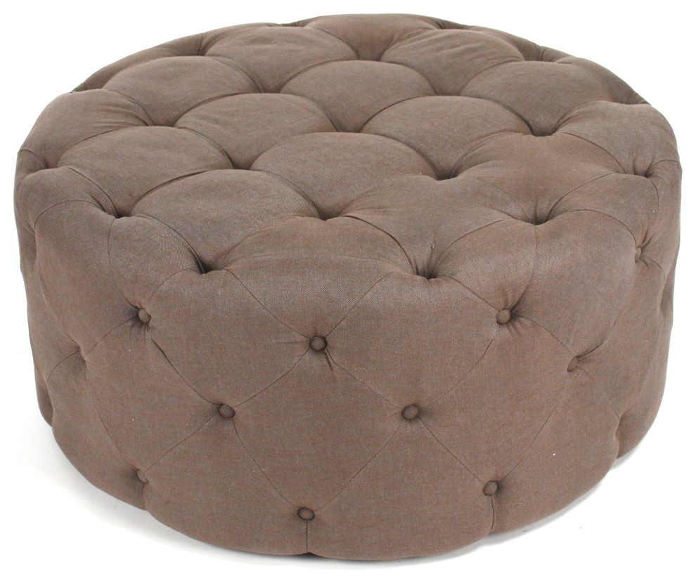 Round Tufted Ottoman  Aubergine Linen   Transitional   Footstools And Ottomans   by Zentique  Inc.  Houzz