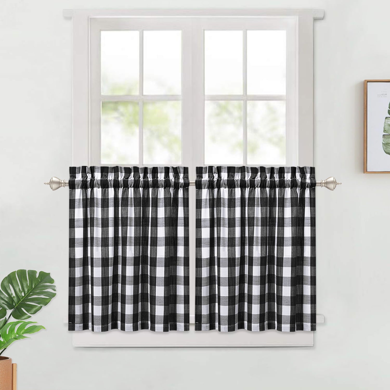 Haperlare Farmhouse Kitchen Curtains Buffalo Check Plaid Blackout Thick Yarn Dyed Cafe Curtain， Black/White， 28W x 24L 2 Panels