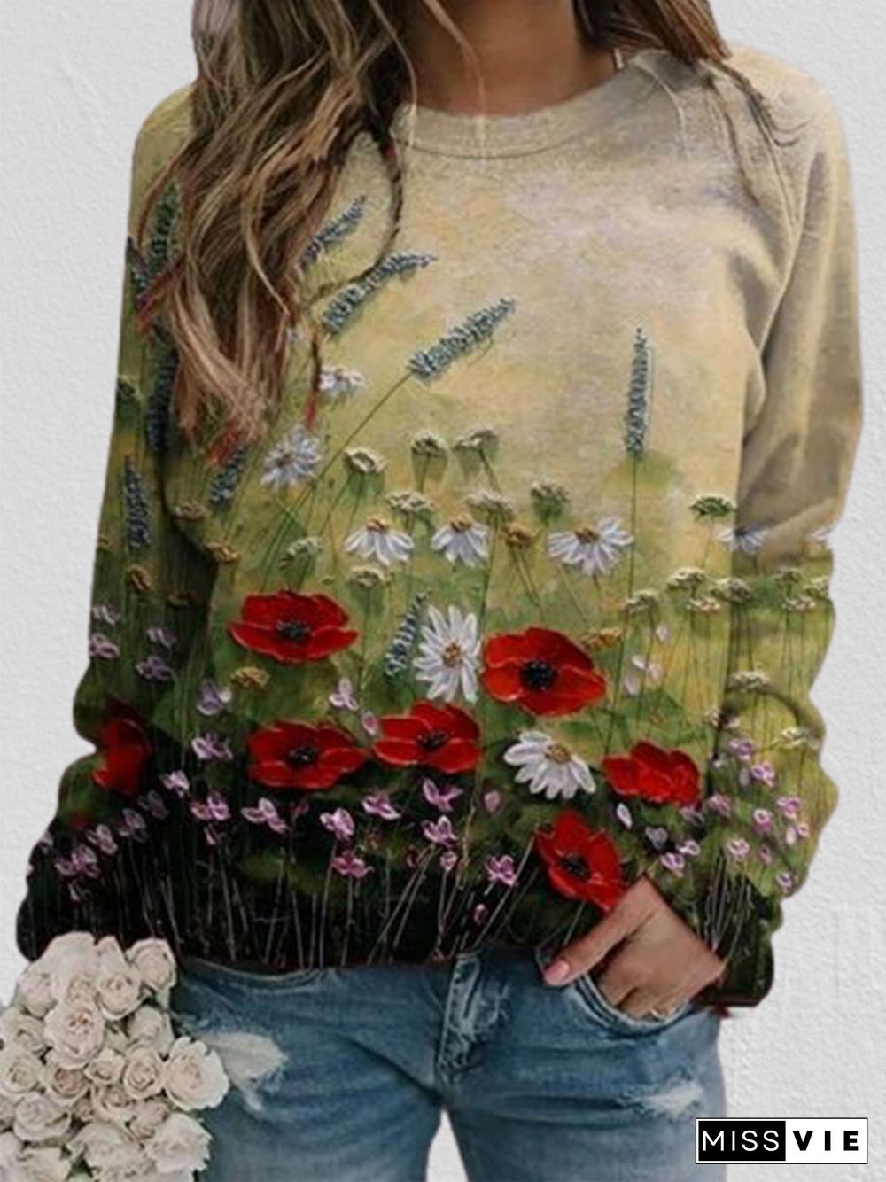 Women Calico Print Long Sleeve O-neck Casual Sweatshirts