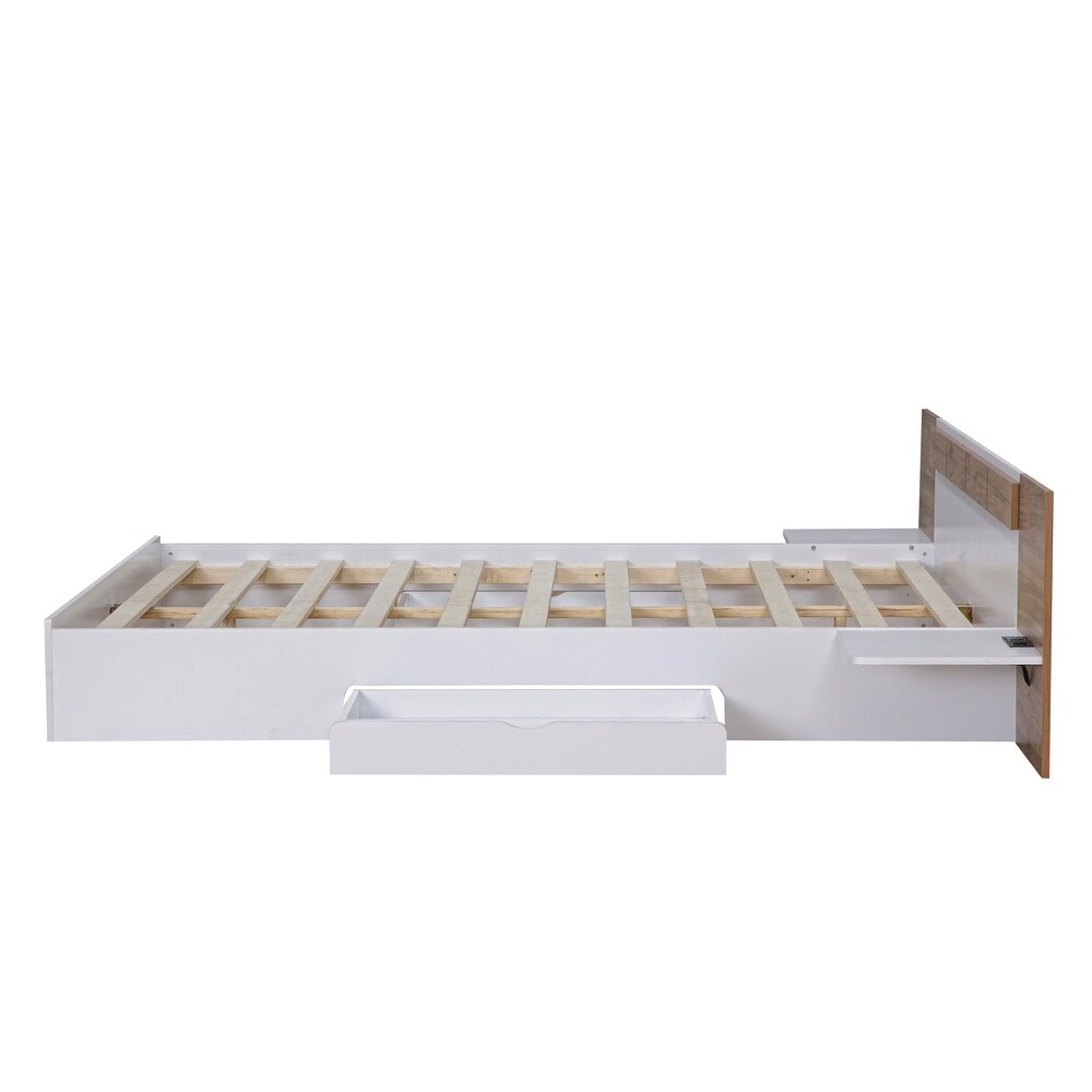 Queen Size Platform Bed with Headboard  Drawers  Shelves  USB Ports and Sockets  White