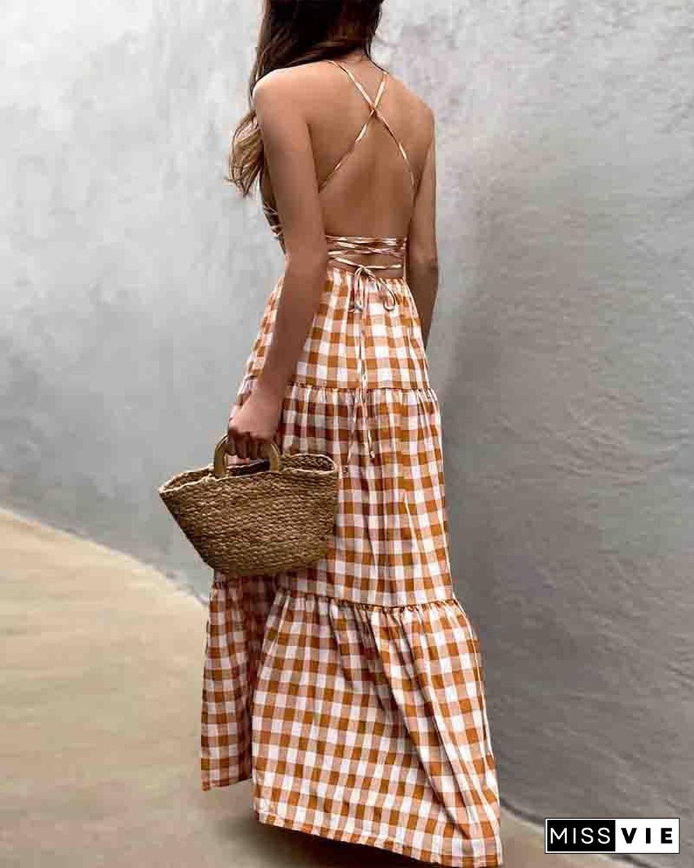 Plaid Lace-up Backless Halter Sleeveless Maxi Dress P13921