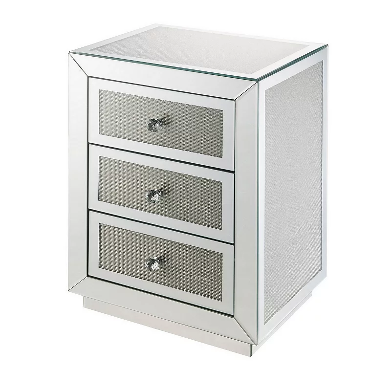 3 Drawer Mirrored Accent Table with Faux Diamond Inlay， Silver