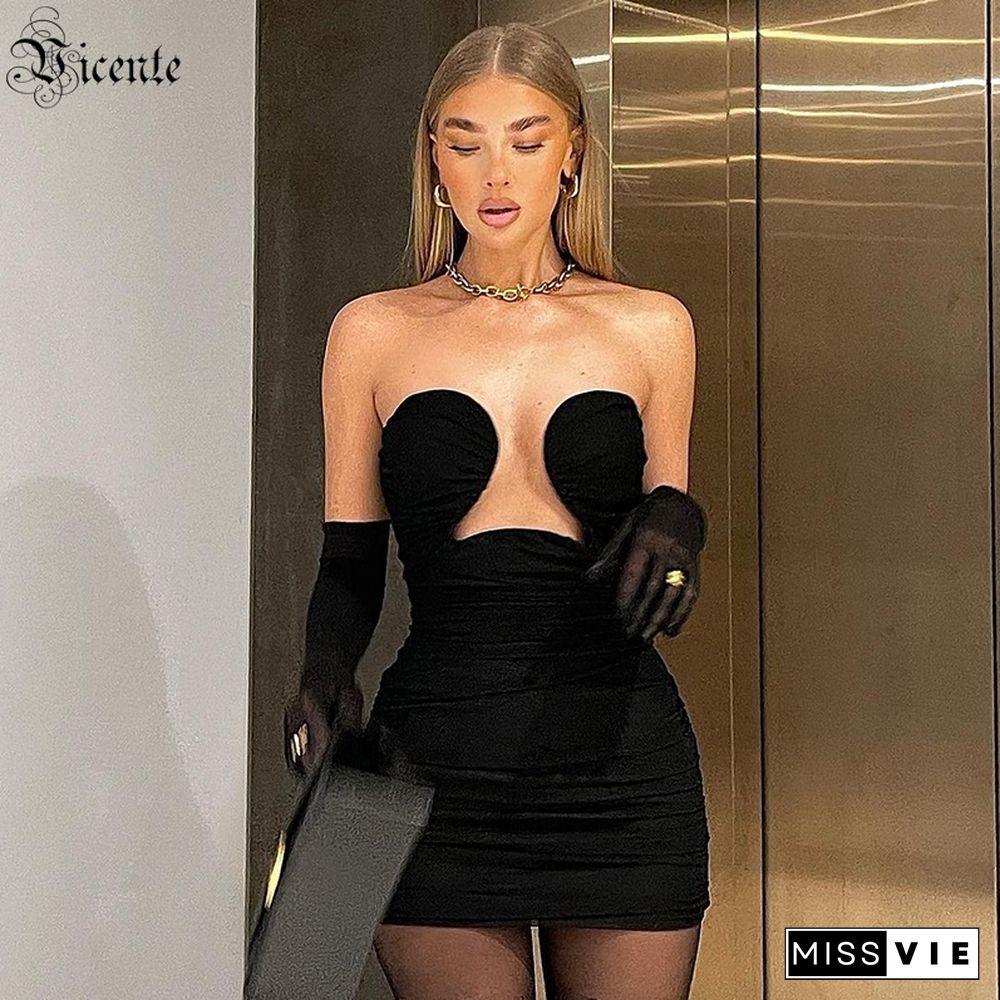 VC All Free Shipping Trendy Draped Design Woman Sexy Strapless Sleeveless Celebrity Party Club Mesh Black Mini Dress Vestido