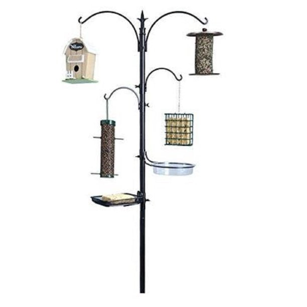 Premium Bird Feeding Station for Outside -22 inch Wide x 92 inch， Tall Multi Feeder Pole Stand Hanger， Black Color， with 4 Bird Feed Hanger and 5 Prong Base for Attracting Wild Birds，Hummingbirds