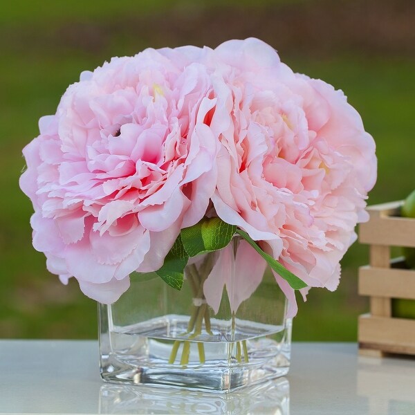 Enova Home Artificial Silk Peony Fake Flowers Arrangement in Cube Glass Vase with Faux Water for Home Wedding Decoration