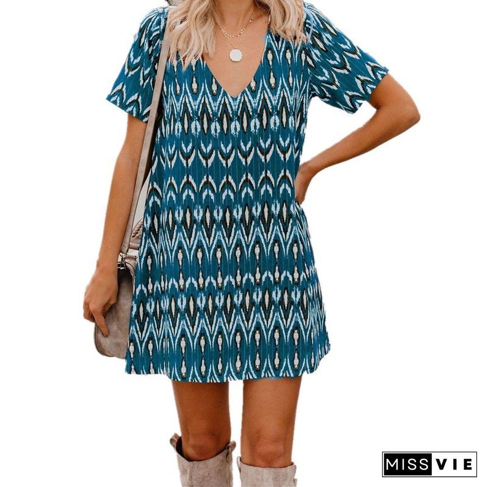 Spring/Summer Loose Short SleeveS V-Neck Print Dress Women'S Wear