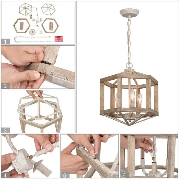Modern Farmhouse 3-Light  Brown Geometric Chandelier French Country Natural Wood Ceiling Light - D14