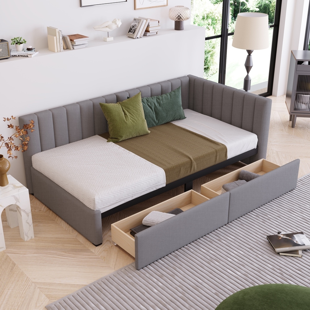 Twin Size Upholstered Daybed with 2 Storage Drawers Twin Size Sofa Bed Frame