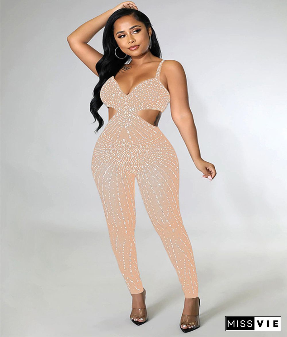 Elegant Hot Drill Cut Out Mesh Bodycon Jumpsuit