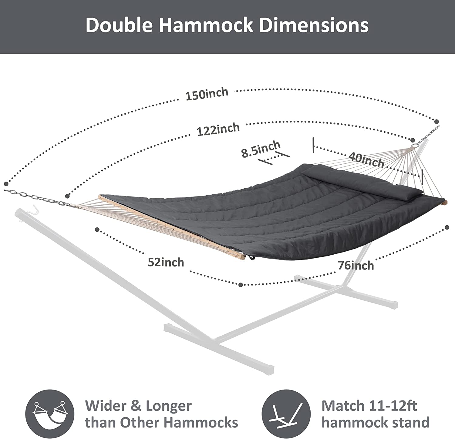 SUNCREAT Hammocks for Outside, Two Person Hammock for Patio, Garden, Porch, Outdoor, Dark Grey