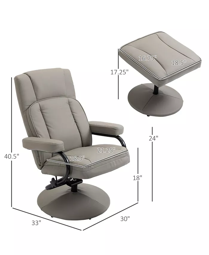 HOMCOM Swivel Recliner Manual PU Leather Armchair with Ottoman Footrest for Living Room Office Bedroom Grey