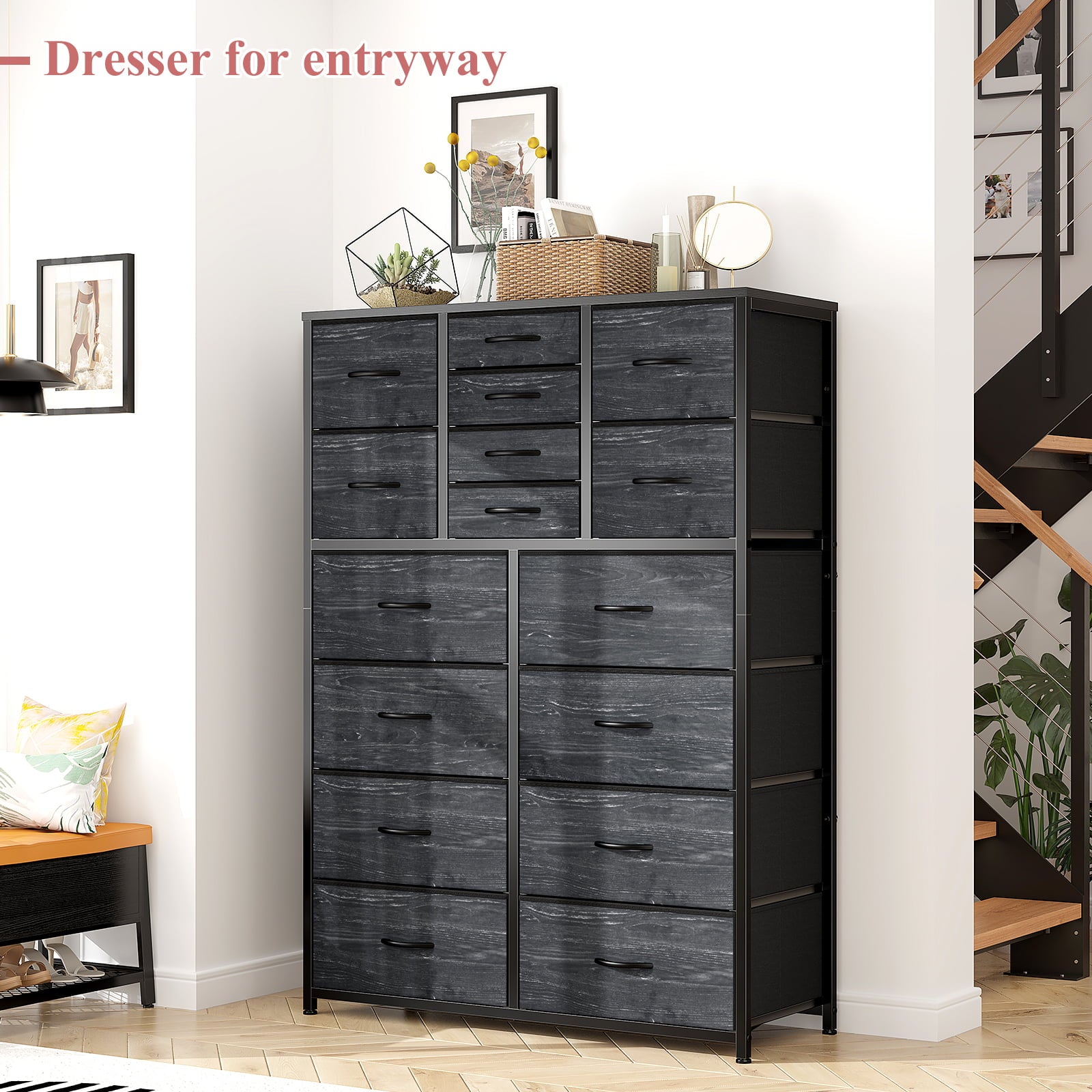 EnHomee Tall Dresser for Bedroom Dresser with 16 Drawers Fabric Large Dresser Closet Dresser Slim Chest of Drawers Storage Tower for Living Room, Office, Bedroom, Charcoal Black Wood Grain Print