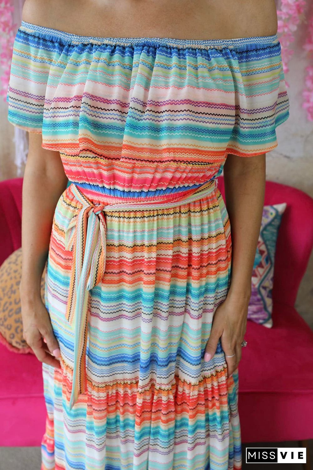 Stripe Print Lace-up Ruffled Off Shoulder Maxi Dress