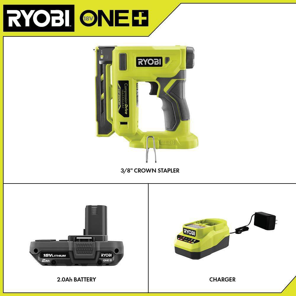 RYOBI ONE+ 18V Cordless Compression Drive 38 in. Crown Stapler Kit with 2.0 Ah Battery and Charger P317K1N