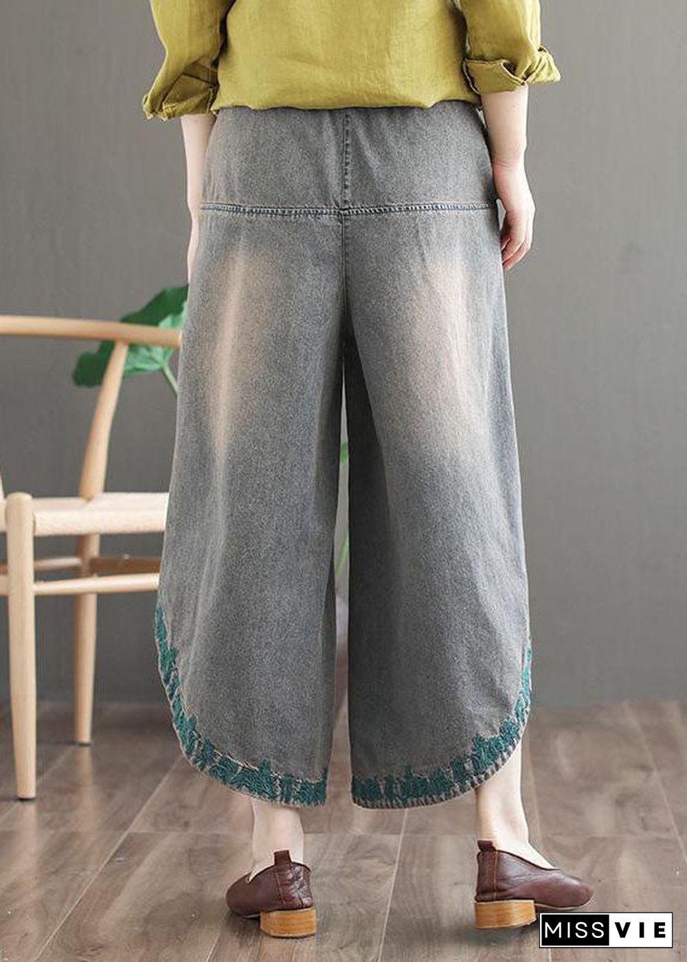 French Blue Pockets Embroideried Fall Denim Wide Leg Pants