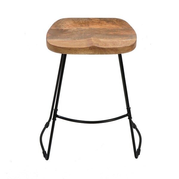 Tiva 24 Inch Handcrafted Backless Counter Height Stool， Brown Mango Wood Saddle Seat， Black Metal Base