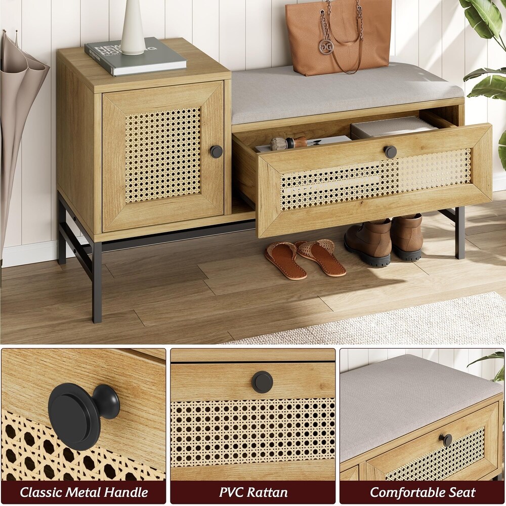 Rattan Shoe Bench with Storage Drawer and Cabinet