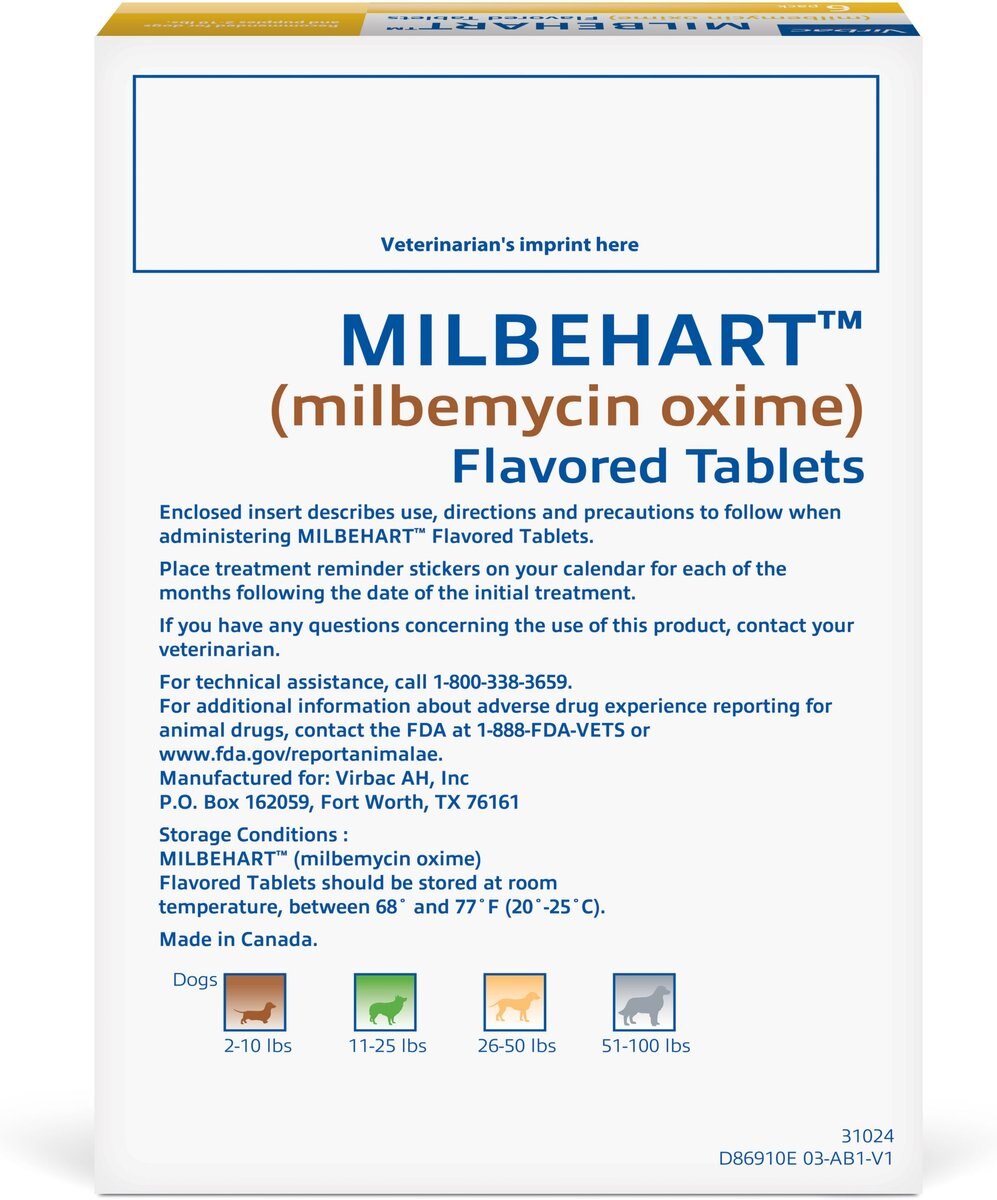 Milbehart Flavored Tablets for Dogs， 2-10 lbs， (Yellow Box)