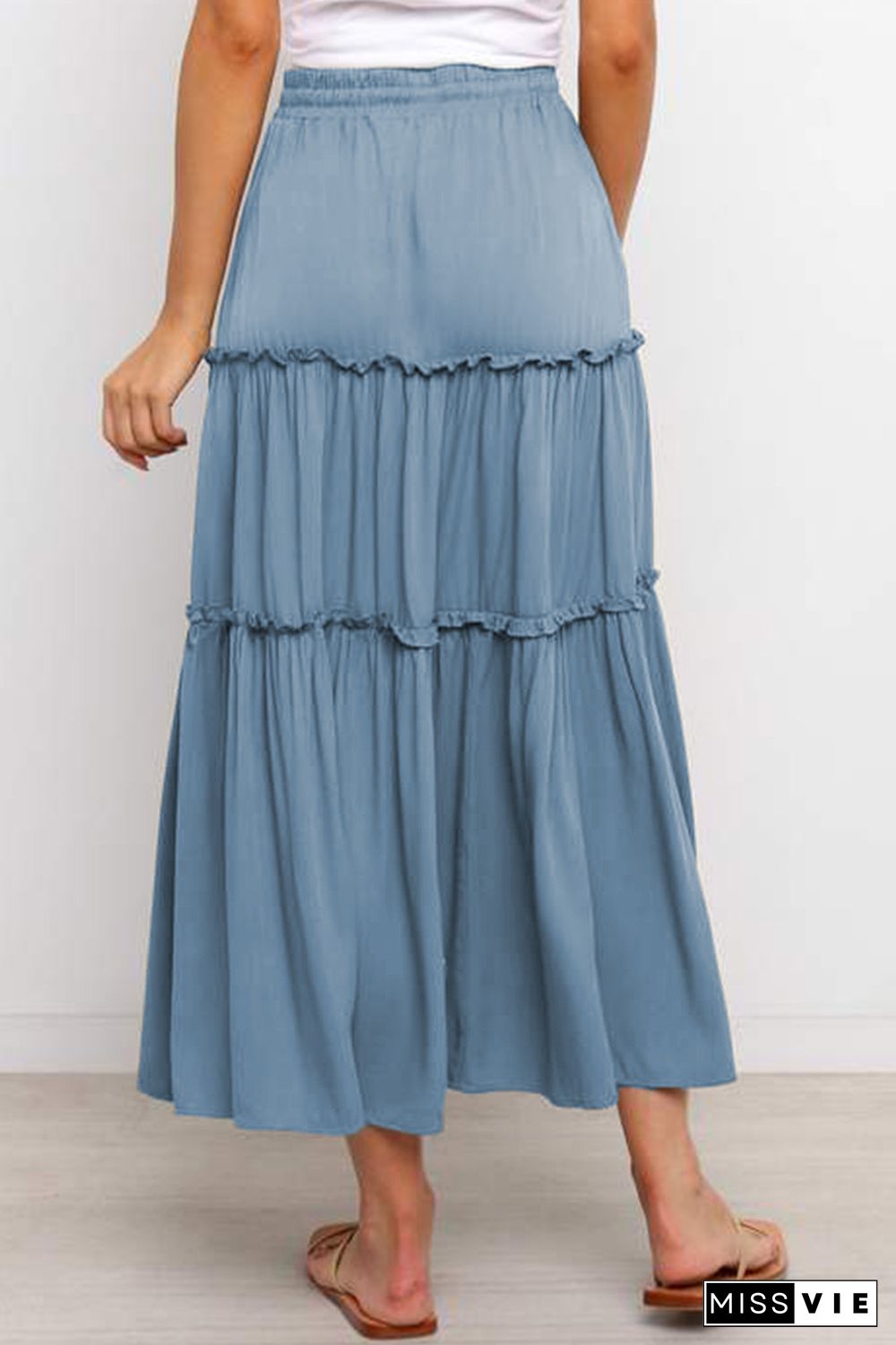 Blue Solid Layered Ruffled Drawstring High Waist Maxi Skirt