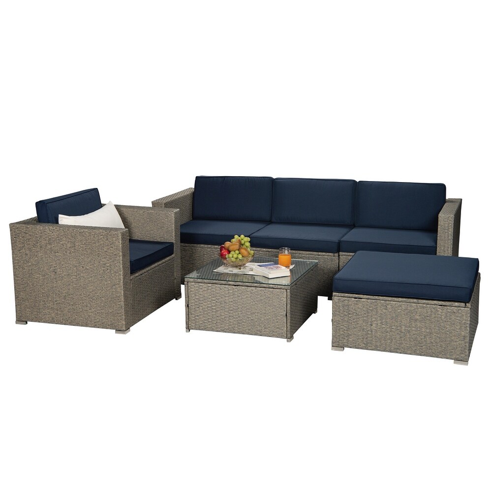 6 piece Patio Furniture Sets Outdoor Sectional Sofa Rattan Chair Wicker Conversation Set with Glass Coffee Table 1 Pillows