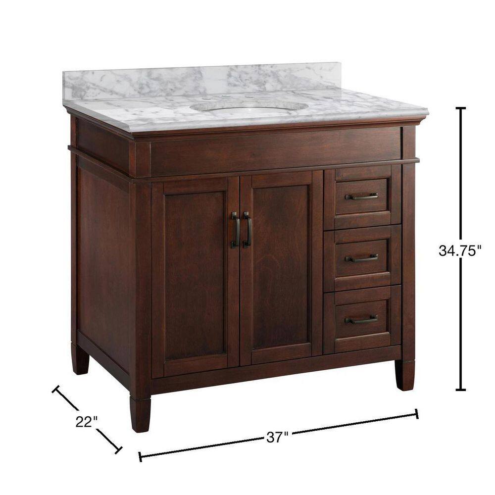 Home Decorators Collection Ashburn 37 in. W x 22 in. D Bath Vanity in Mahogany RH Drawers with Marble Vanity Top in Carrara with White Oval Sink ASGA3621DR-CAR