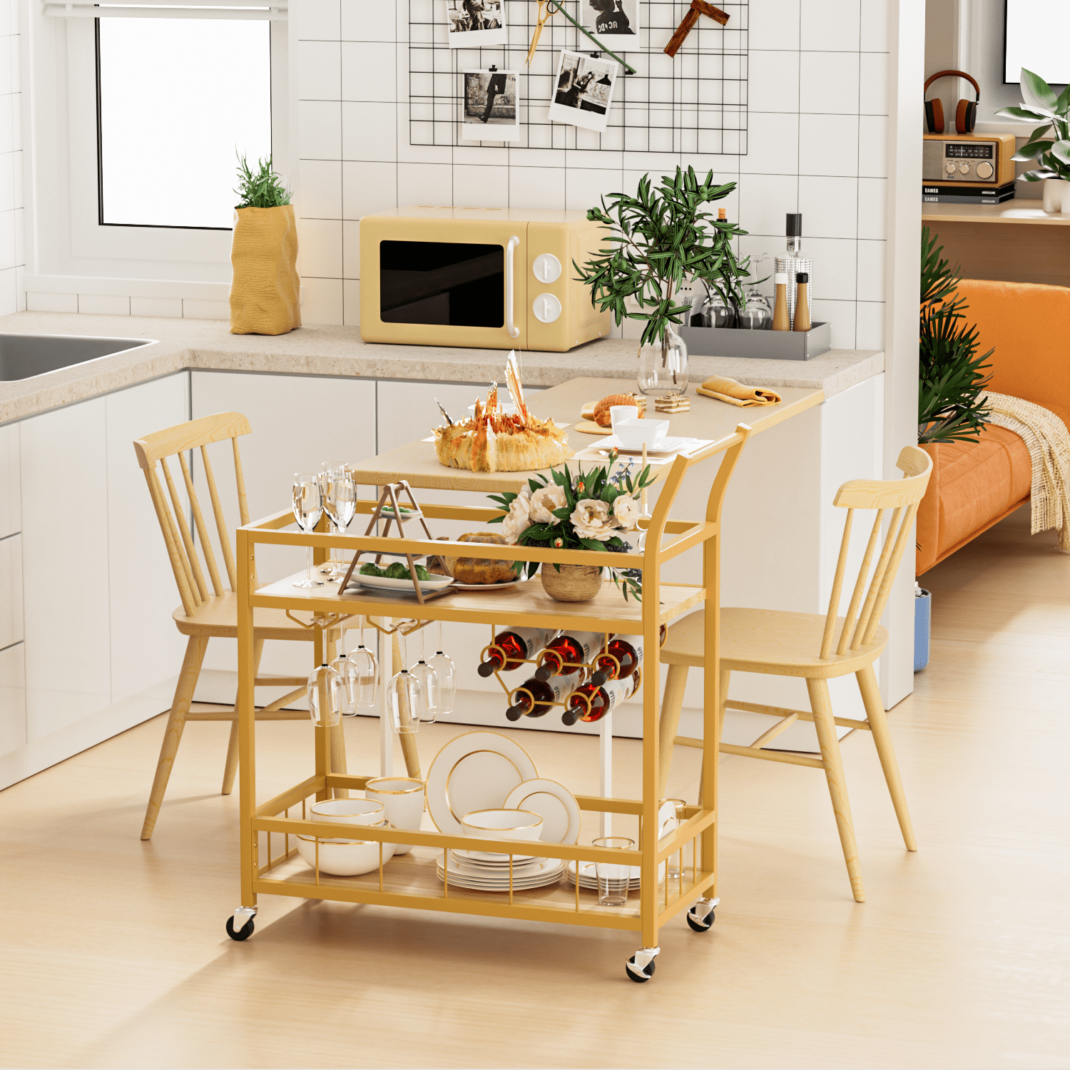 Lacoo Bar Cart Gold， Home Bar Serving Cart， Wine Cart with 2 Shelves， Wine Holders， Glass Holders， for Kitchen， Dining Room， Gold