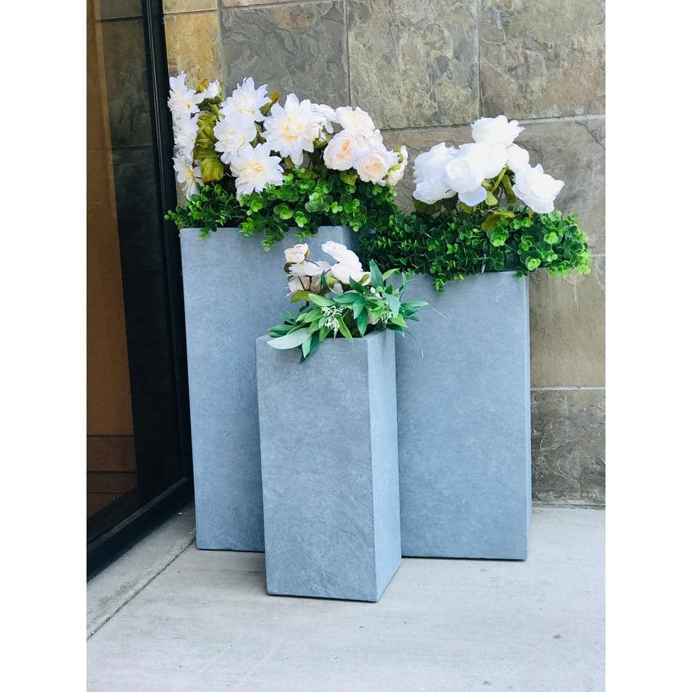 KANTE 28 in. Tall Slate Gray Lightweight Concrete Rectangle Modern Tapered Outdoor Planter (Set of 3) RF0002ABC-C60611